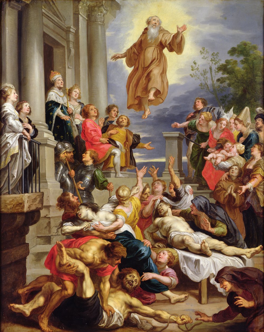 St. Frans av Paola dukker opp foran de syke (olje på kobber) av Abraham van Diepenbeeck