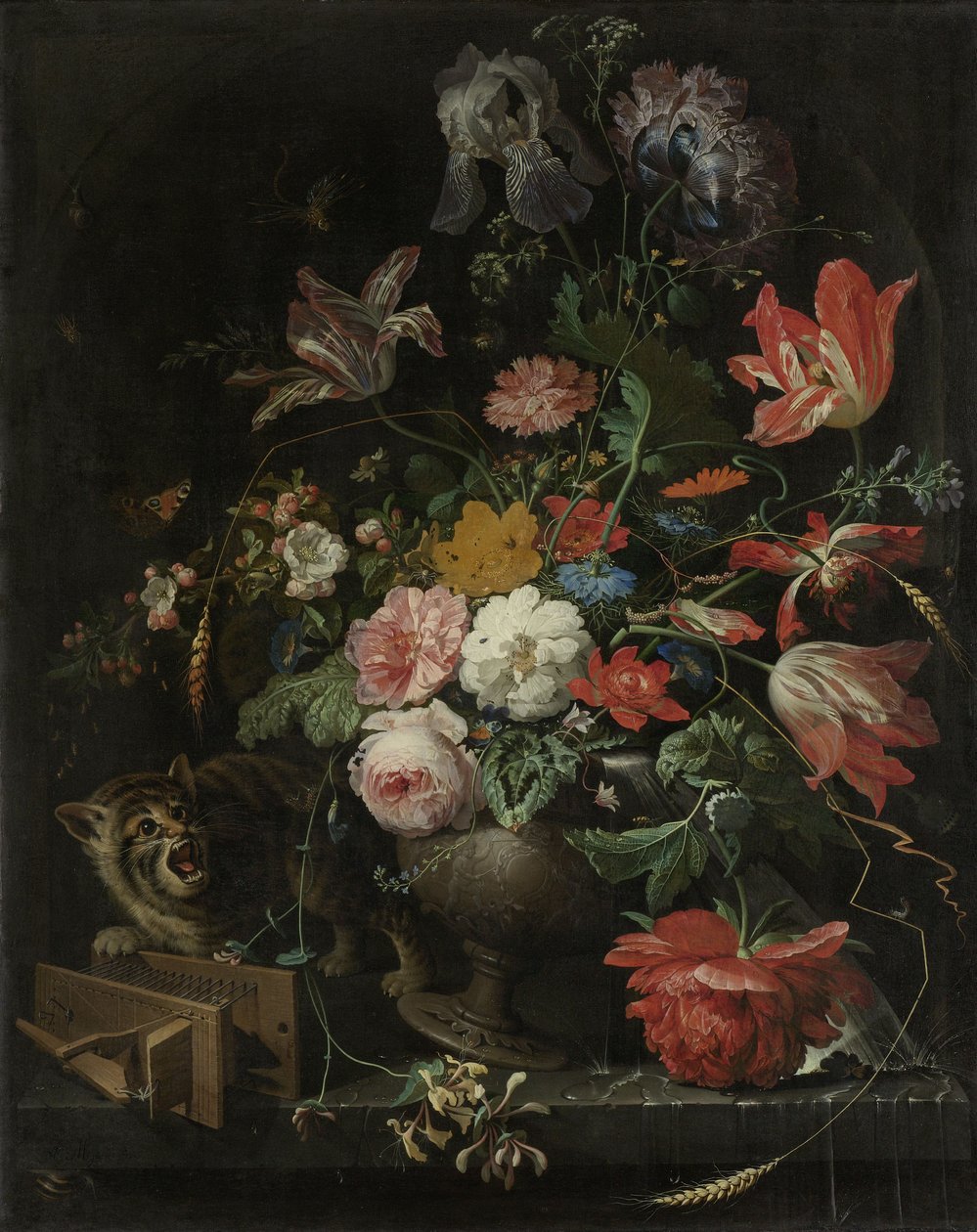 Blomsterstilleben med katte- og musefelle av Abraham Mignon