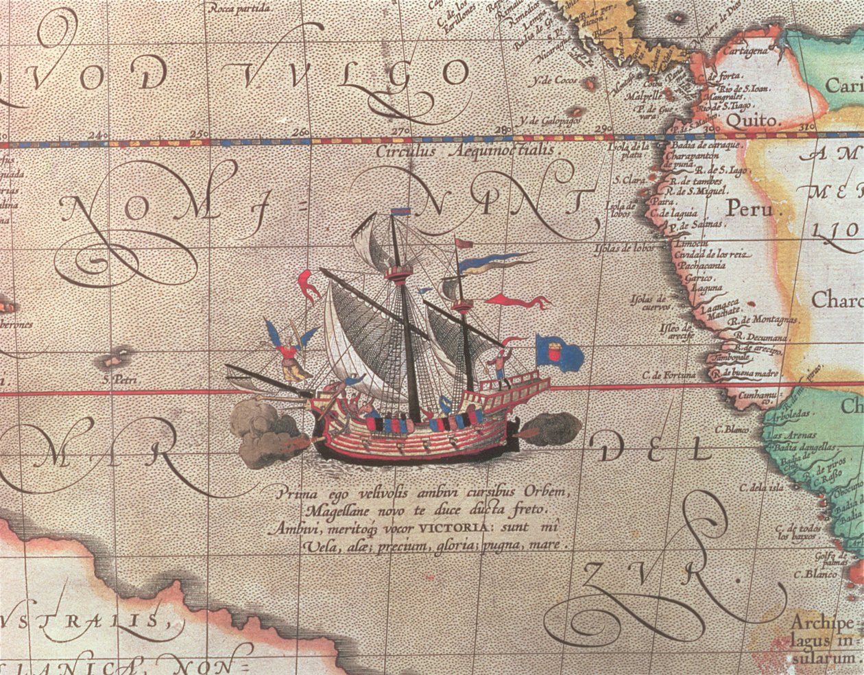 Et seilskip som avfyrer kanonen sin, detalj fra et kart over Stillehavet, Kina og Amerika, 1599 (se også 18634) av Abraham Ortelius