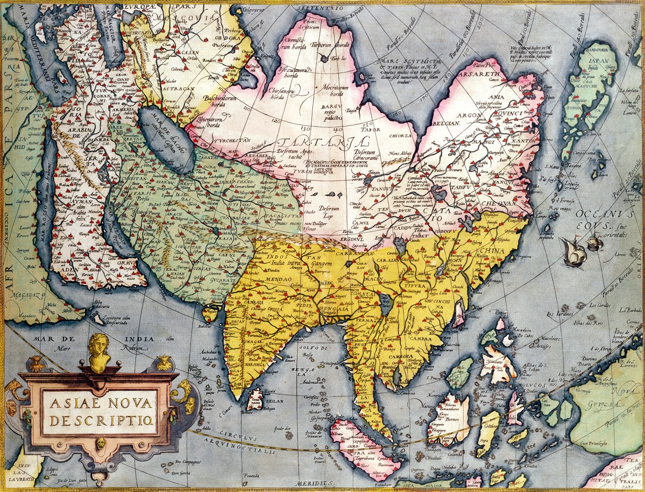 Asia: Kart over kontinentet inkludert Japan og Øst-India med en del av New Guinea, ca. 1580 av Abraham Ortelius