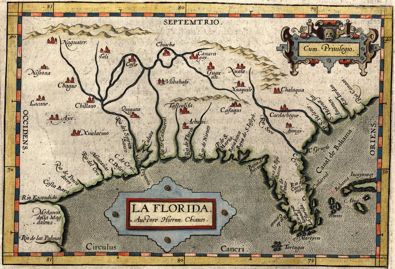 Kart over Florida, ca. 1584 (håndfarget gravering) av Abraham Ortelius