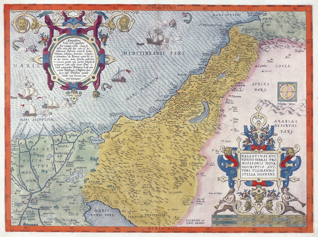 Kart over Palestina, fra Theatrvm Orbis Terrarvm, 1570 (håndfarget gravering) av Abraham Ortelius