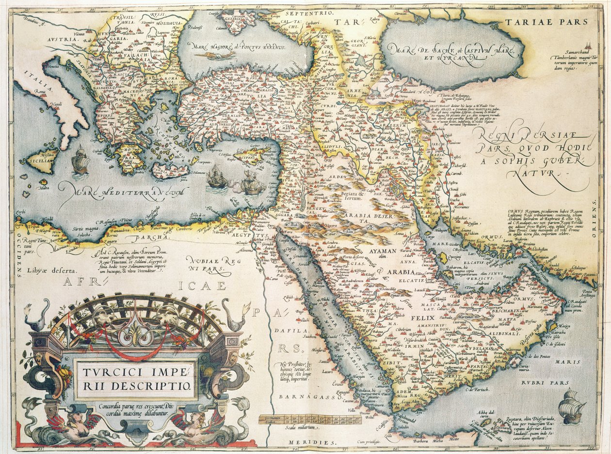 Kart over Midtøsten, fra Theatrum Orbis Terrarum, 1570 (håndfarget gravering) av Abraham Ortelius