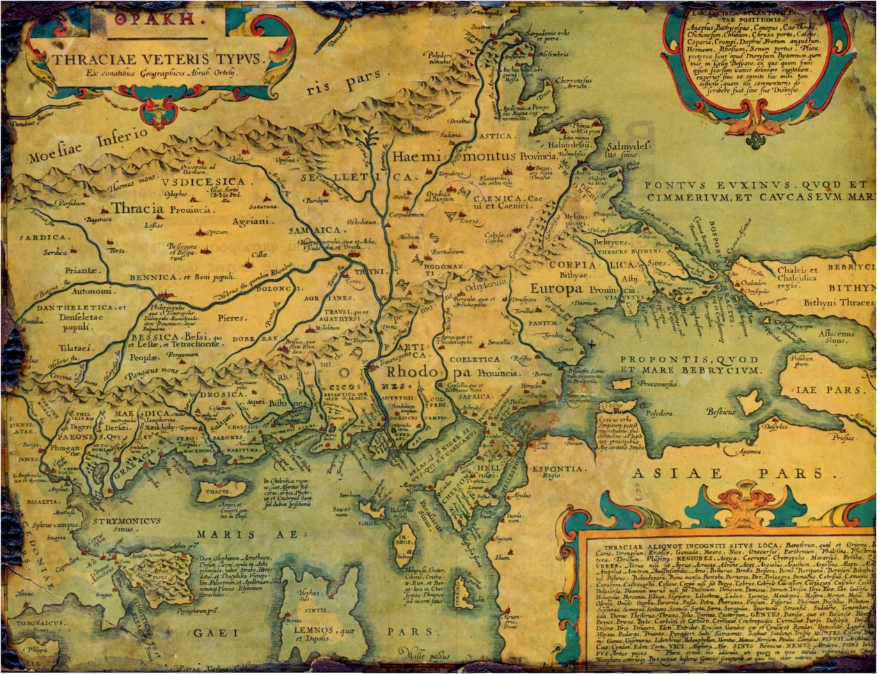Gammelt, historisk kart over det gamle Thrakia, for det meste på latin og svært få gresk, laget i 1585. Kartet viser også en del av Asia minor, Moesia inferior, og antikkens Hellas sammen med noen Egeiske øyer. Det er noe anakronisme på kartet, for eksempe av Abraham Ortelius