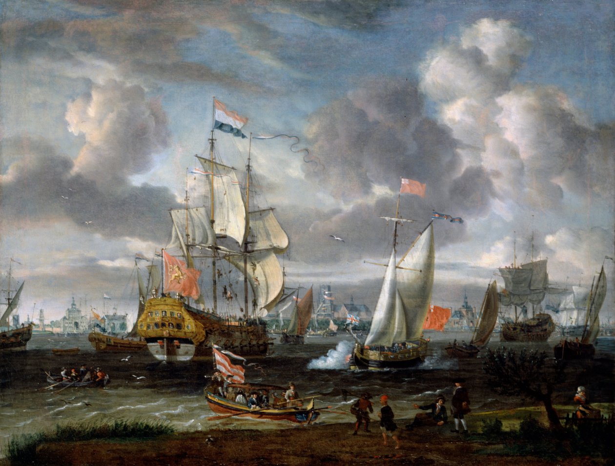 En engelsk yacht som hilser en nederlandsk Man-of-War i havnen i Rotterdam av Abraham Storck