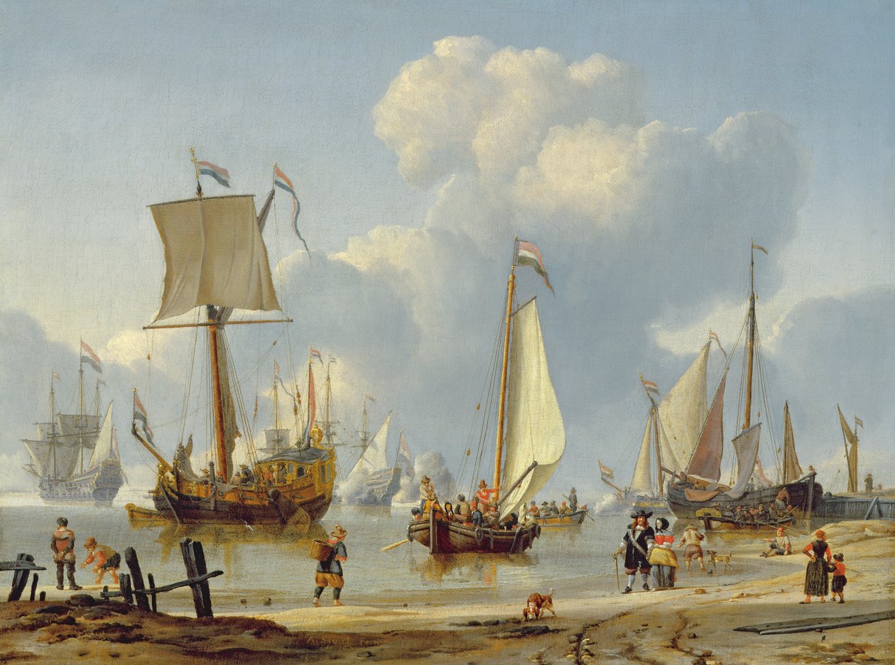 Skip i rolig vann med figurer ved kysten av Abraham Storck