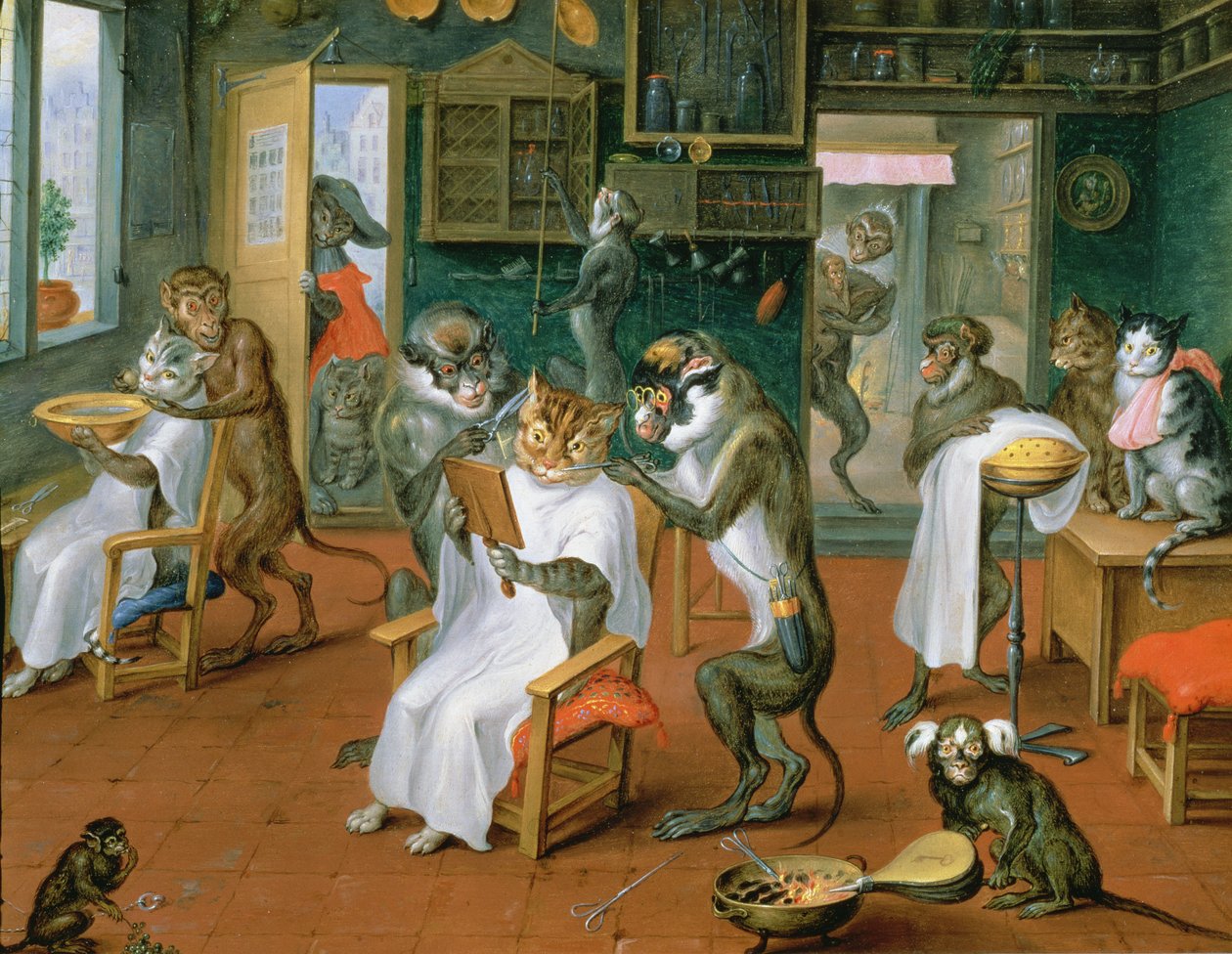 Frisørbutikk med aper og katter (olje på kobber) av Abraham Teniers