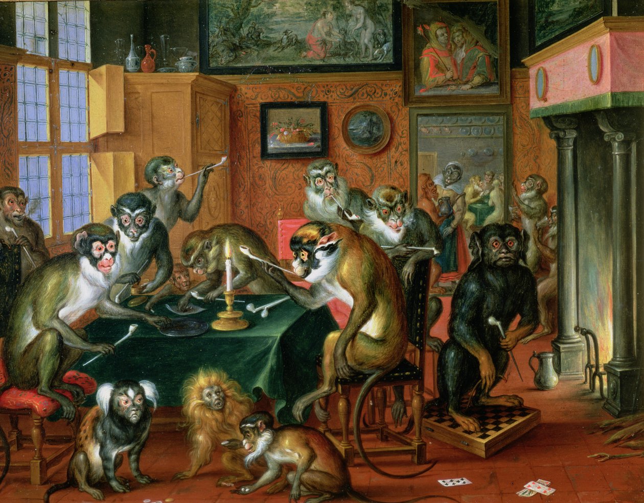 The Smoking Room with Monkeys (olje på kobber) av Abraham Teniers