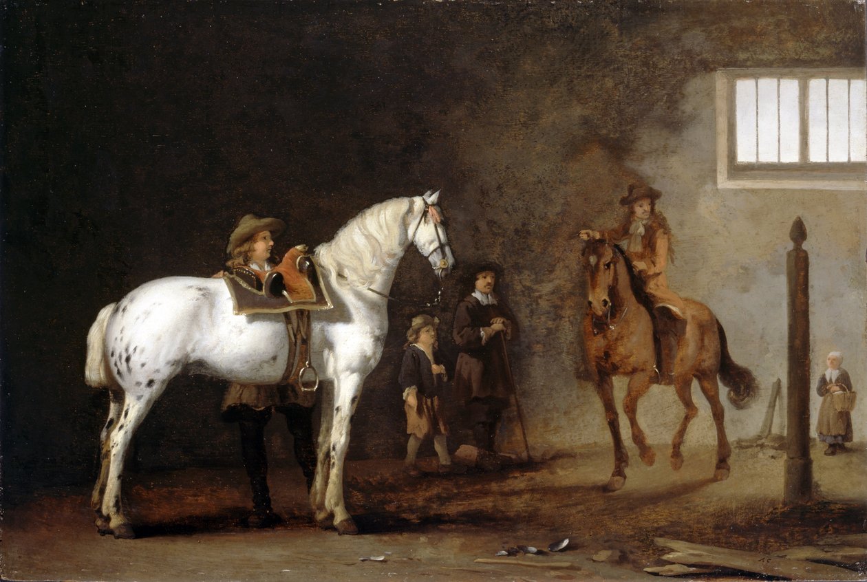 Hvit hest på en rideskole av Abraham van Calraet