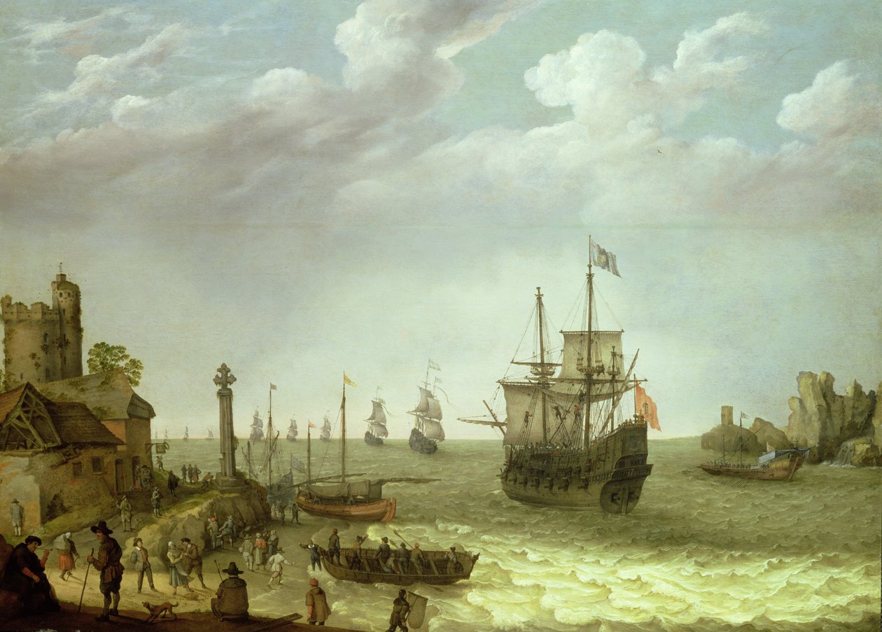 Bosetting på en steinete kyst med den nederlandske flåten nærmer seg, 1640 av Abraham Willaerts