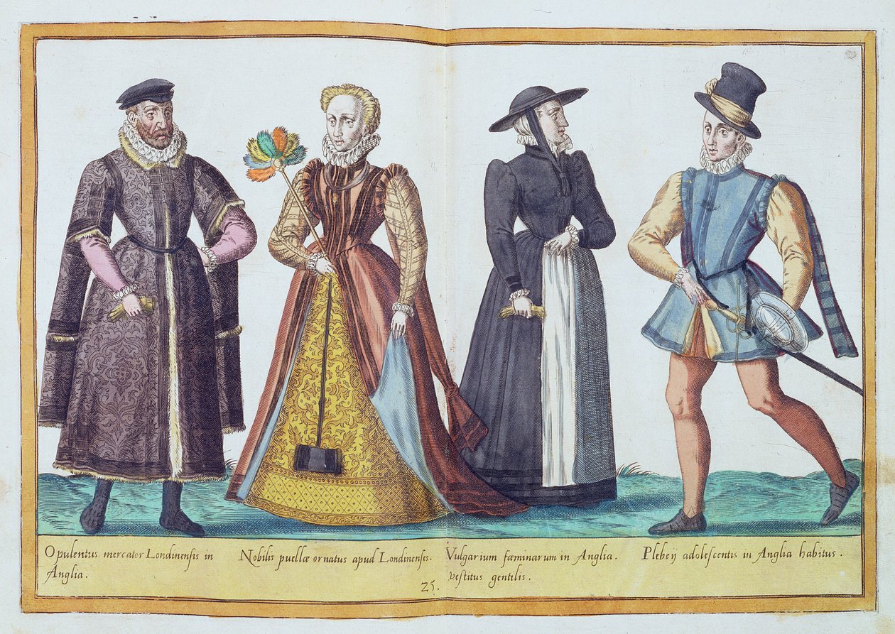 Engelske kostymer fra sekstende århundre fra 'Omnium Poene Gentium Imagines', utgitt i Köln, 1577 (håndfarget gravering) av Abraham de Bruyn