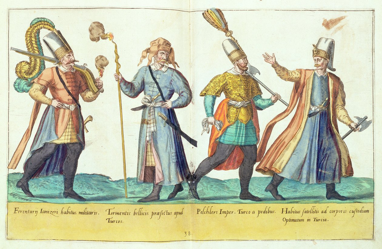 Kostymer fra det sekstende århundre fra 'Omnium Poene Gentium Imagines', utgitt i Köln, 1577 (håndfarget gravering) av Abraham de Bruyn