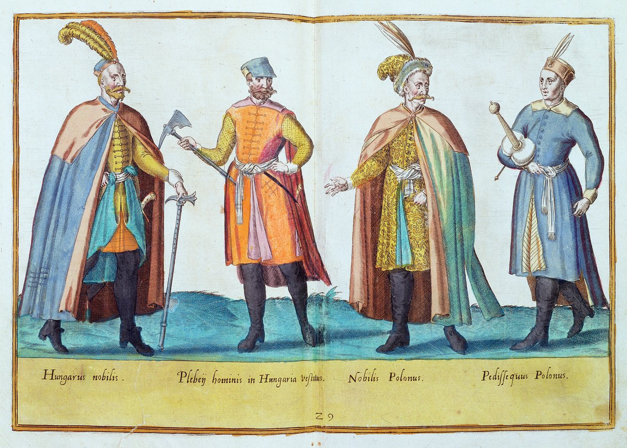 Kostymer fra det sekstende århundre fra 'Omnium Poene Gentium Imagines', utgitt i Köln, 1577 (håndfarget gravering) av Abraham de Bruyn