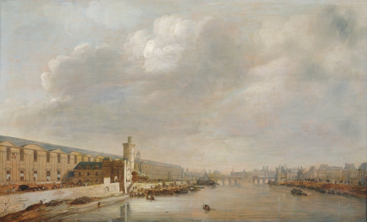 Louvre Grande Galerie, utsikt over Paris fra Barbier-broen (oppstrøms), ca. 1640 (olje på tre) av Abraham de Verwer