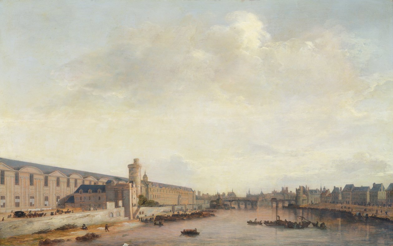 Louvre Grande Galerie, utsikt over Paris fra Barbier-broen, ca. 1640 (olje på tre) av Abraham de Verwer