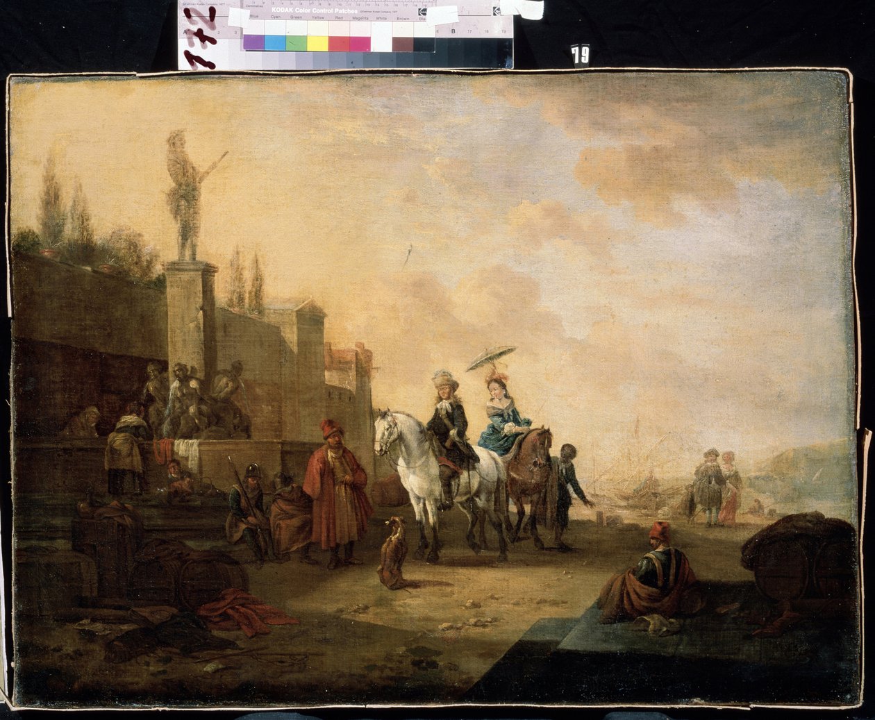 ""Reisende på hesteryggen"" (Ryttere) En familie på biltur i et landskap i Midtøsten. Maleri av Abraham Begeyn (1637-1697) Mikhail Kroshitsky kunstmuseum fra 1600-tallet, Sevastopol (Sevastopol) Ukraina av Abraham Jansz Begeyn