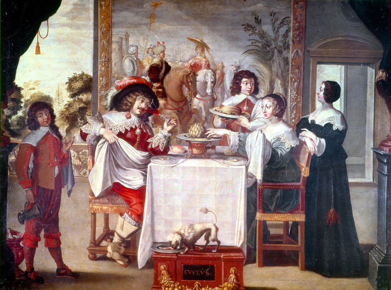Måltidstime på denne tiden av Ludvig XIIIs regjeringstid i 1610-1643 (olje på lerret) av Abraham (after) Bosse