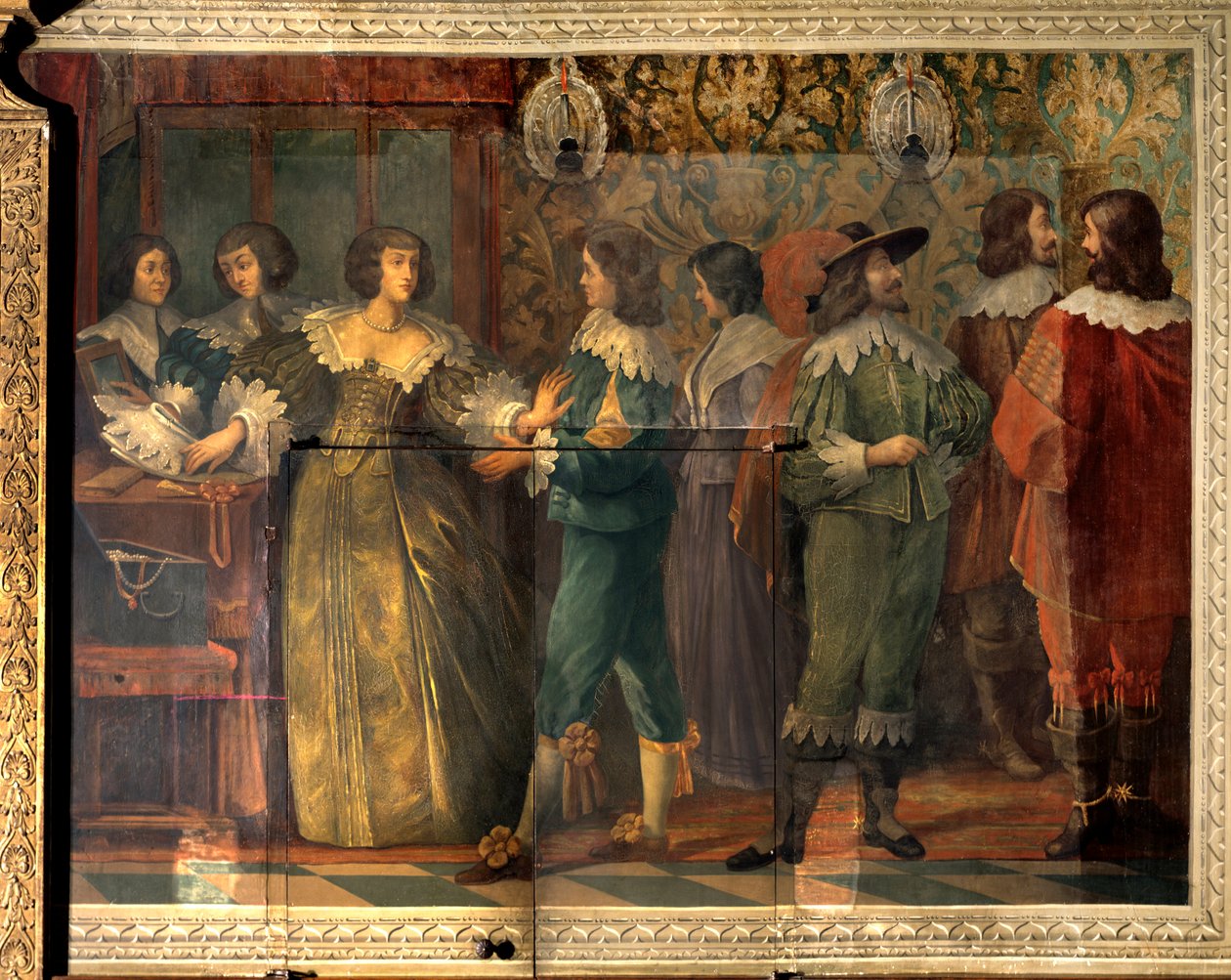 Scene av livet til Charles de Valois (1573-1650), hertugen av Angouleme - Festscene gitt i anledning ekteskapet til Charles de Valois med sin andre kone i 1644 - En kvinne, oppsøkt av en hoffmann, pågriper for å sette henne krage - Fresco av Abrah av Abraham (after) Bosse