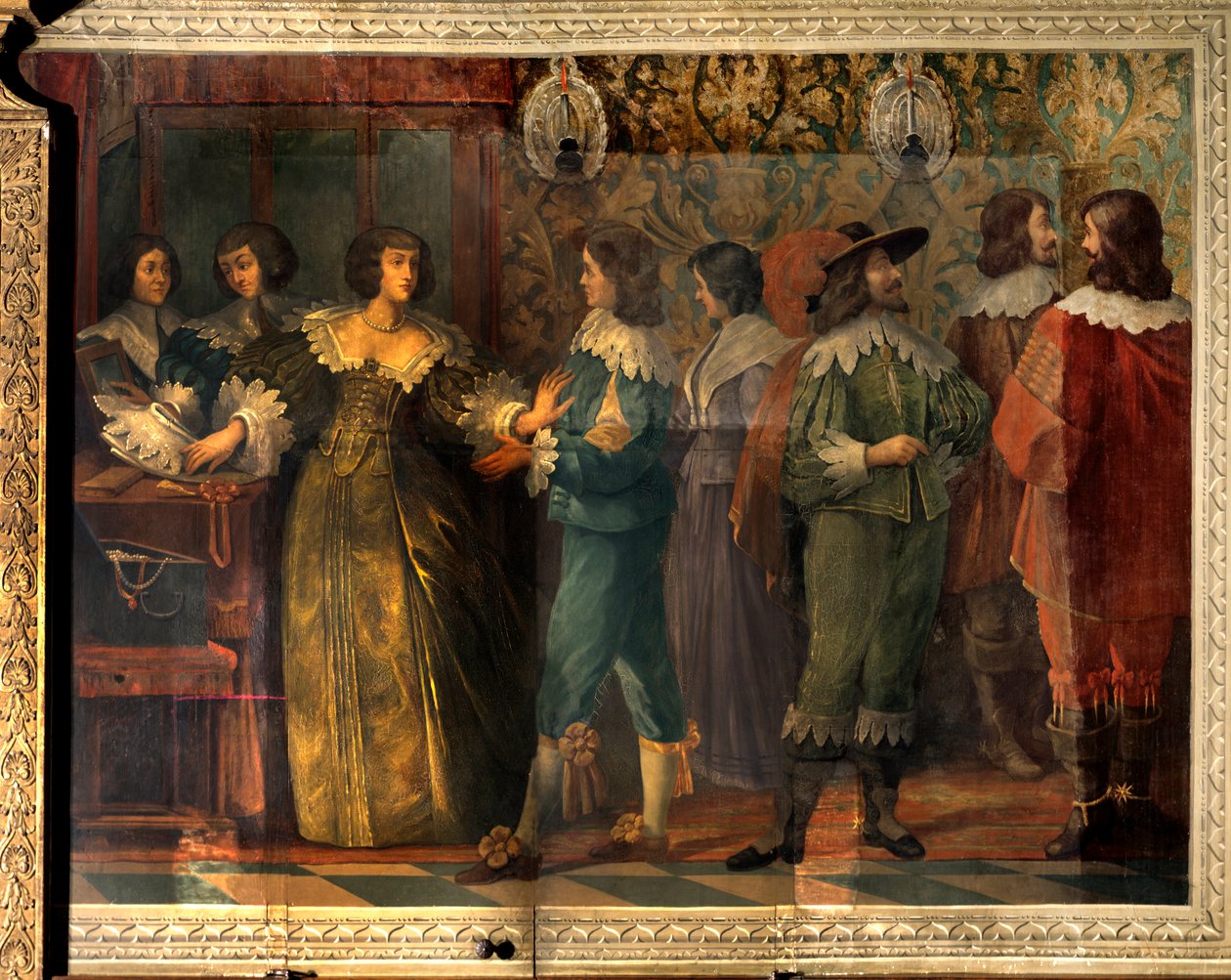 Scene av livet til Charles de Valois (1573-1650), hertugen av Angouleme - Festscene gitt i anledning ekteskapet til Charles de Valois med sin andre kone i 1644 - En kvinne, oppsøkt av en hoffmann, pågriper for å sette henne krage - Fresco av Abrah av Abraham (after) Bosse