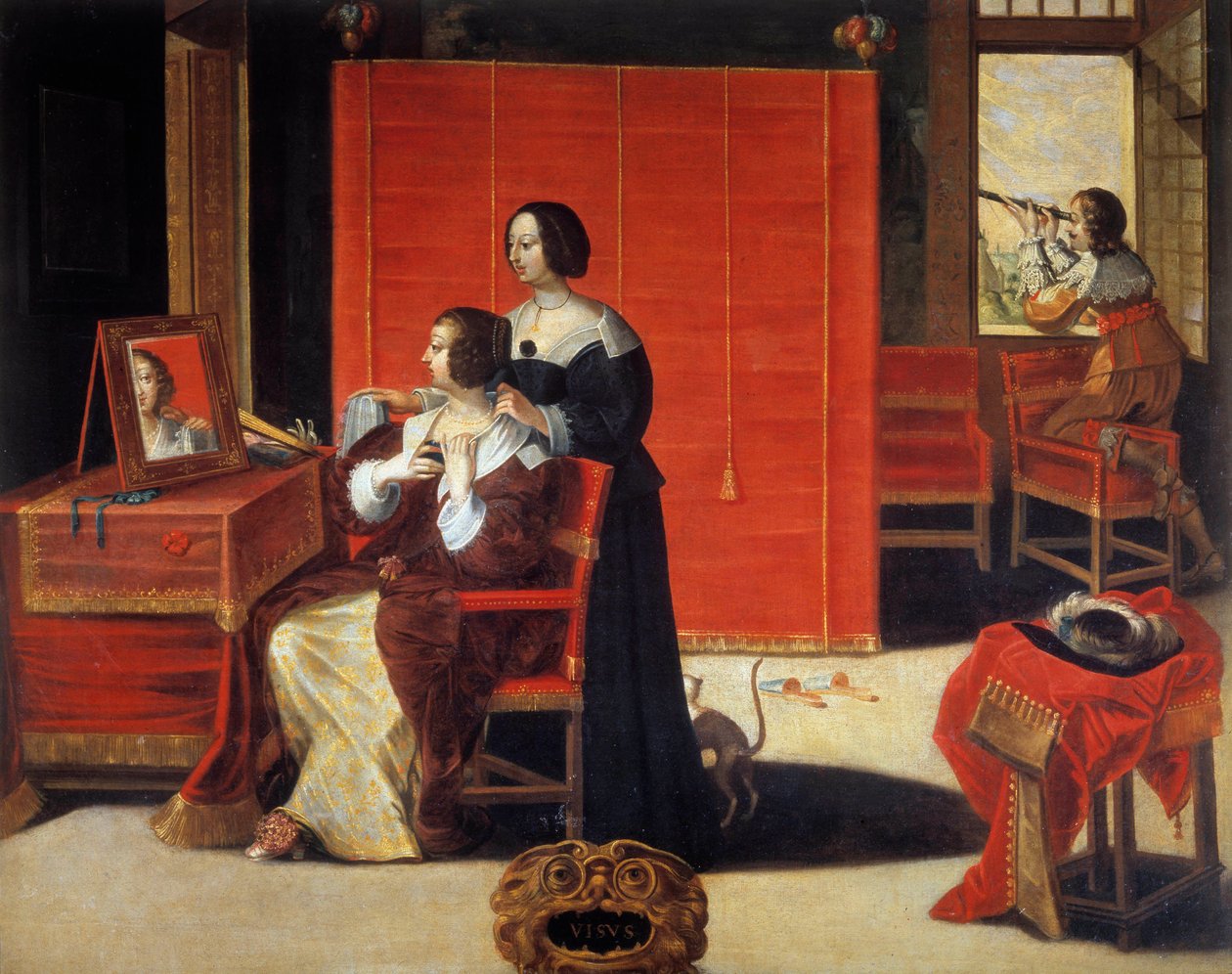 The Five Senses: The View En ung kvinne foran speilet mens en mann bruker en astronomisk ramme. Maleri av Abraham Bosse (1602-1676). 17. århundre. Omvisninger, Museum of Fine Arts av Abraham (after) Bosse