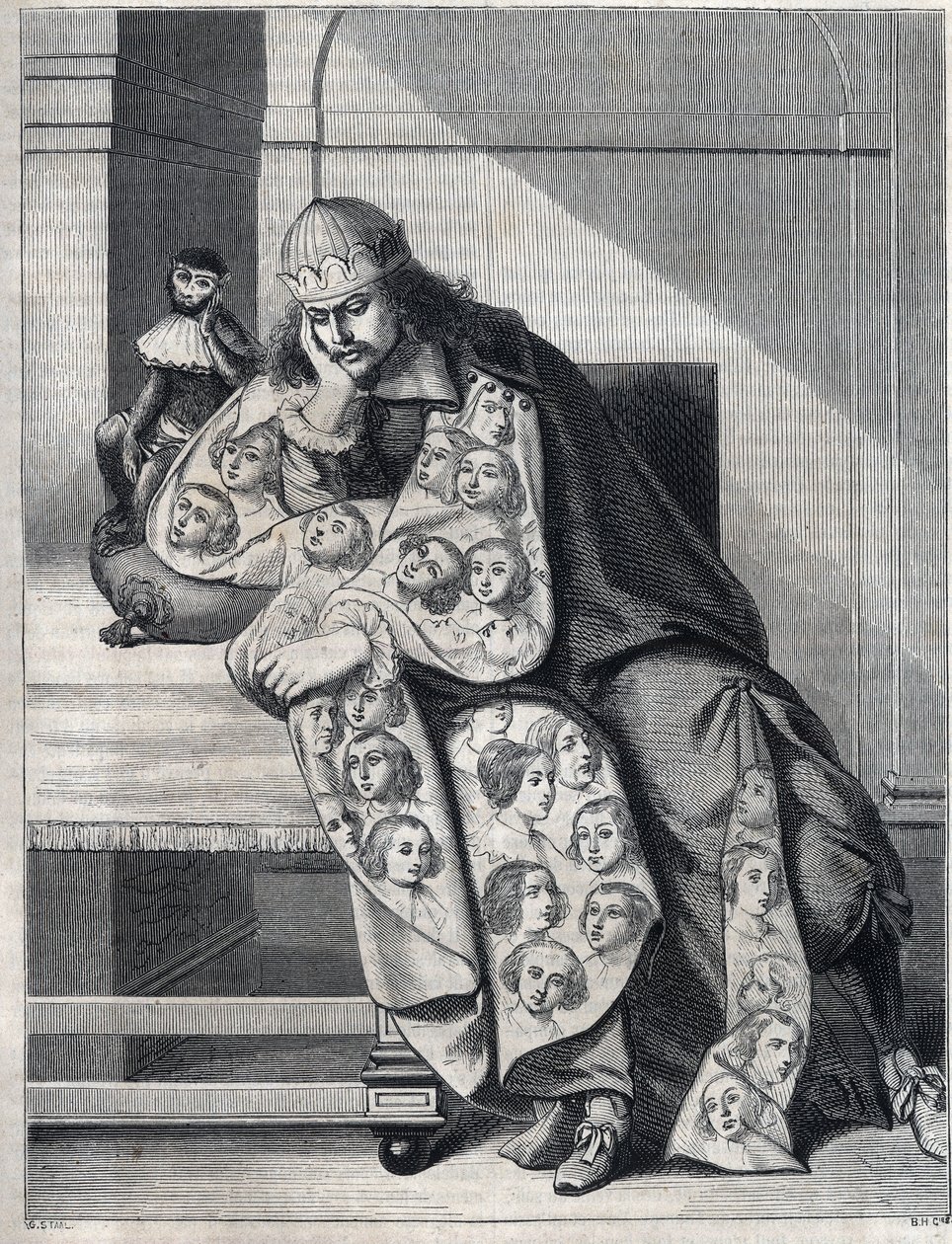 Mannen fylt med ondskap: en mann med en dobbel kappe av kvinnehoder mediterer med en ape ved siden. Reproduksjon av et trykk av Abraham Bosse (1604-1676). av Abraham (after) Bosse