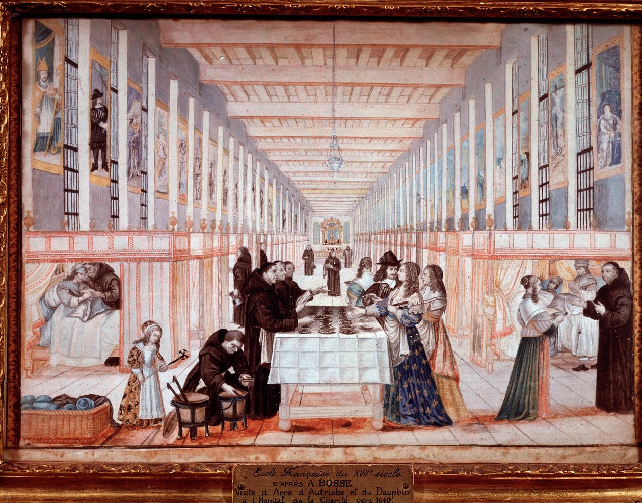 Besøk av Anne av Østerrike til Hospital of the Sisters of Charity. Med delfinen (senere Louis IV) (gouache, ca. 1640) av Abraham (after) Bosse