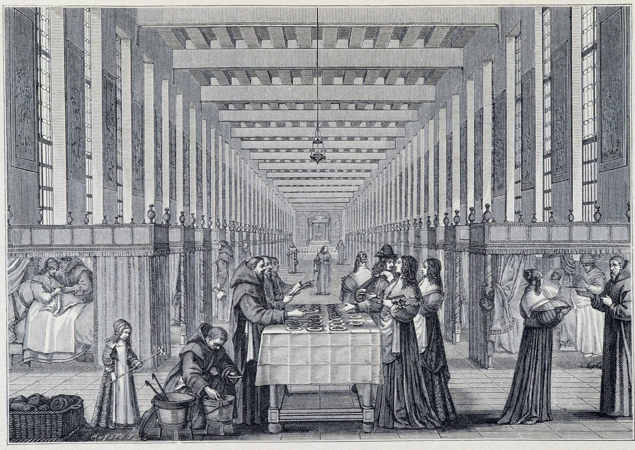 Innvendig utsikt over sykestuen til Hôital de la Charite (også kalt sykehuset til Freres-de-Saint-Jean-de-Dieu), i Paris - Gravering etter Abraham Bosse (1602-1676) - utgitt i "" 1600-tallet - Institusjoner: bruk og kostymer, Frankrike 1590-1 av Abraham (after) Bosse