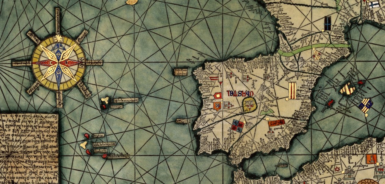 Detalj av den katalanske atlasen, kopi av originalen laget i 1375 (penn og farget blekk på pergament) av Abraham (after) Cresques