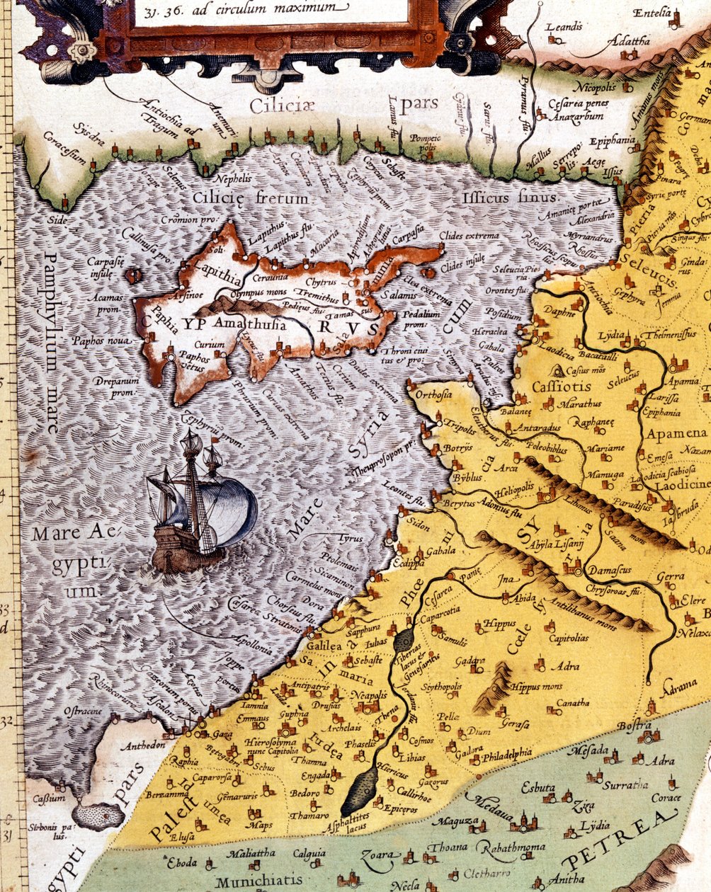 Historisk geografisk kart over Palestina i henhold til Atlas of Abraham Ortelius, Amsterdam av Abraham (after) Ortelius