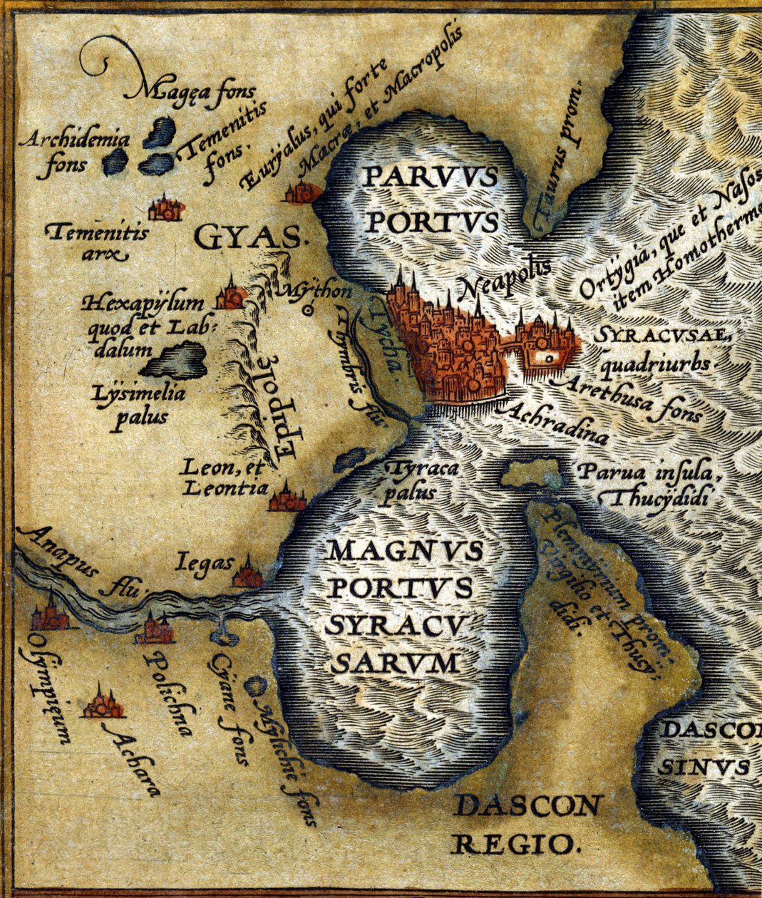 Den gamle havnen i Syracuse på Sicilia etter "atlaset" til Abrahm Ortelius av Abraham (after) Ortelius