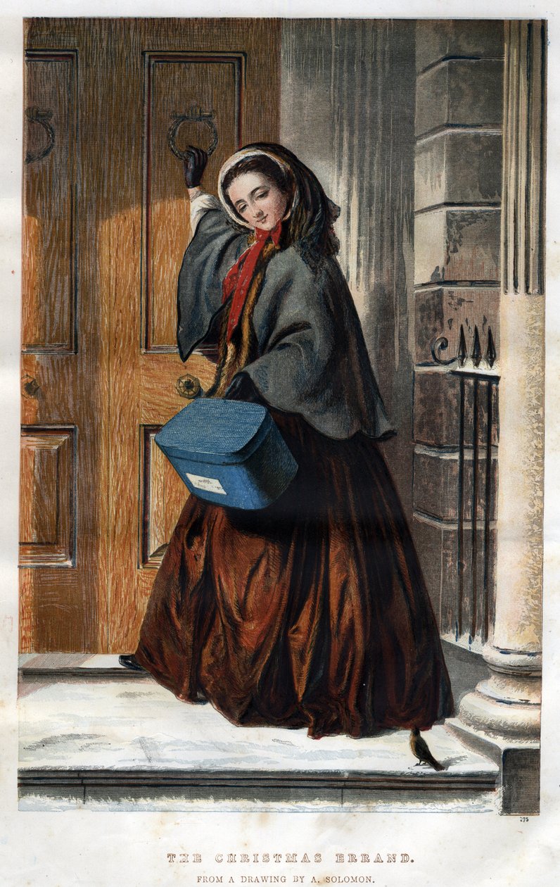 Juleløp: en elegant ung kvinne banker på døren til et hus med en pakke i hånden, illustrasjon fra en tegning av Abraham Solomon (1824-1862) av Abraham (after) Solomon