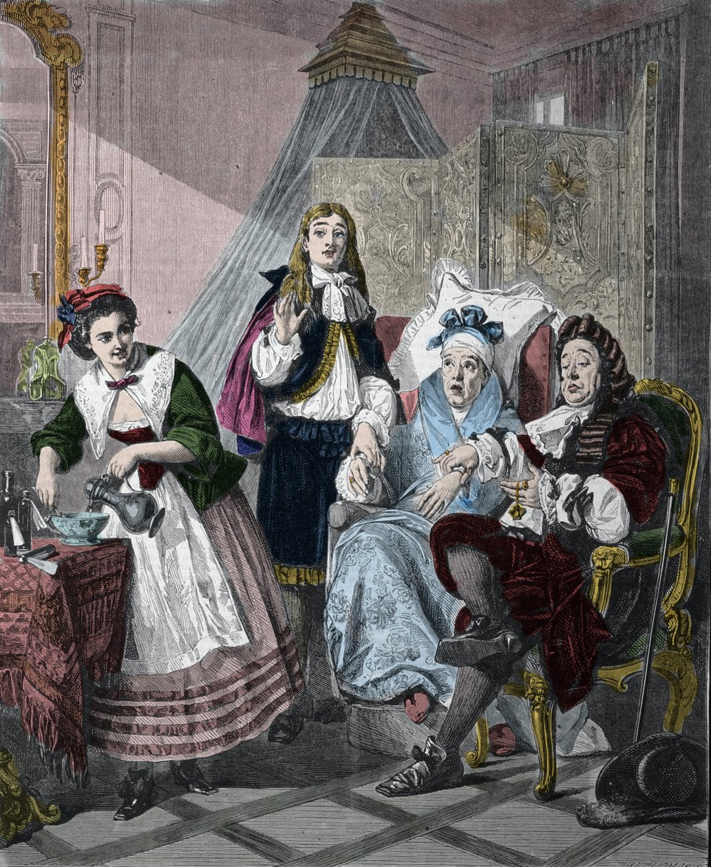 "Le Malade imaginaire" av Jean-Baptiste Poquelin kalt Moliere (1622-1673): scene 9, akt II. Gravering etter maleriet av Abraham Solomon (1824-1862) fra 1861. av Abraham (after) Solomon