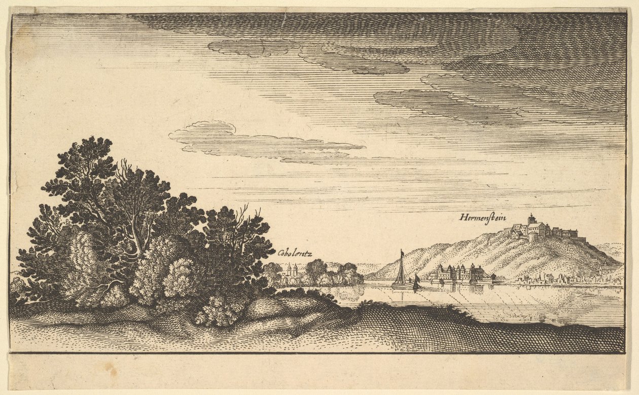 Landskap som viser Coblentz og Harmenstein, kopi, 1600-tallet. av Abraham Aubri