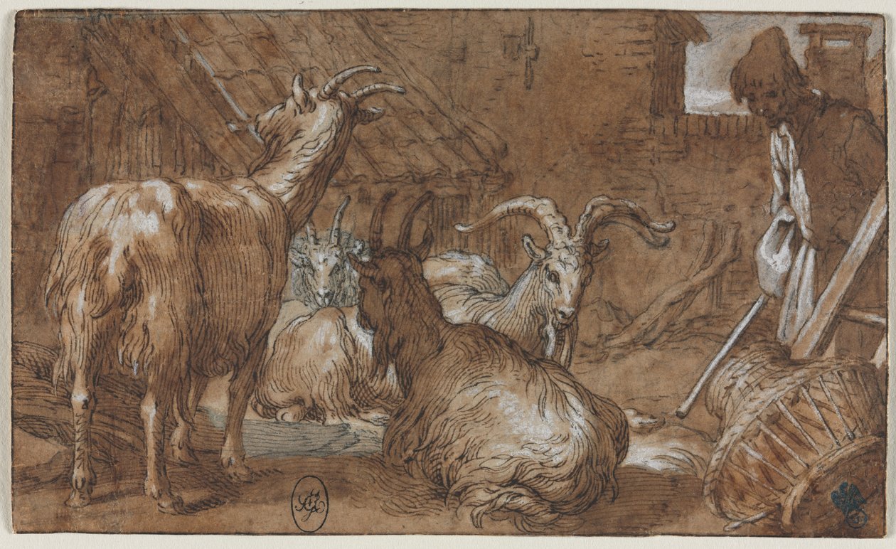 En låvegård med geiter og en geitegjeter av Abraham Bloemaert