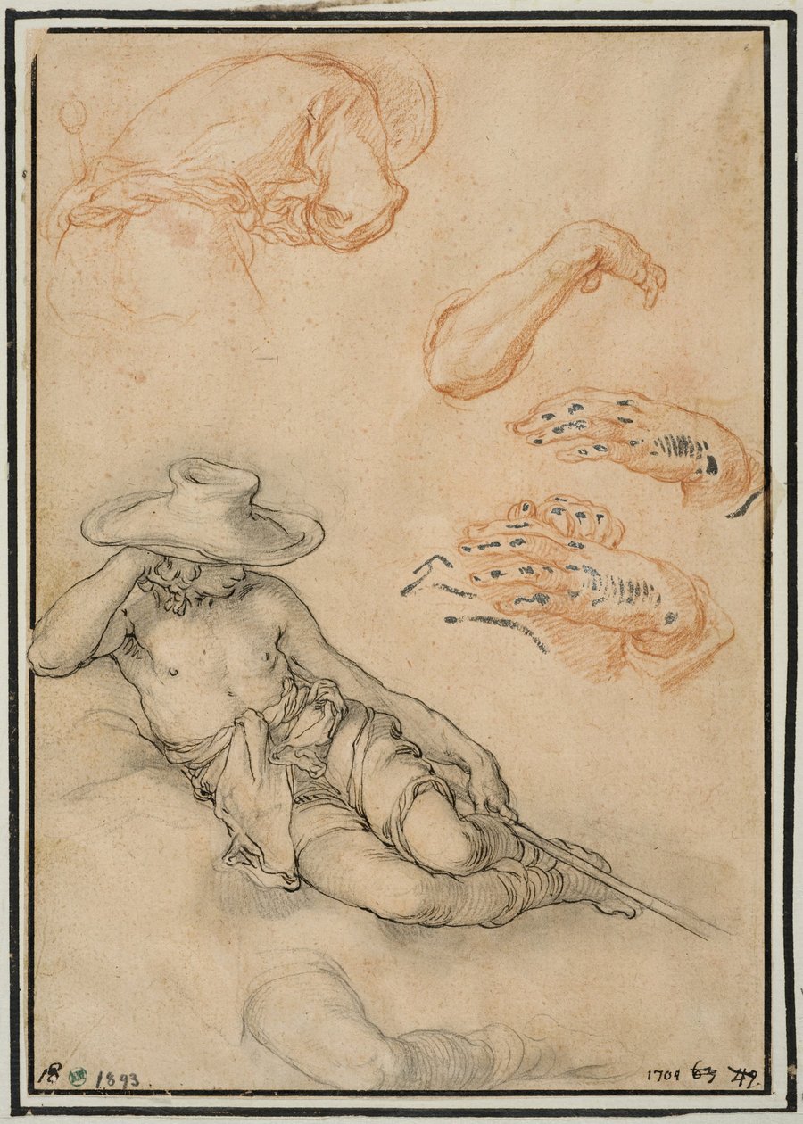 En hvilende gjeter, separate studier av hans bein og arm, en mann sett bakfra og to hender av Abraham Bloemaert