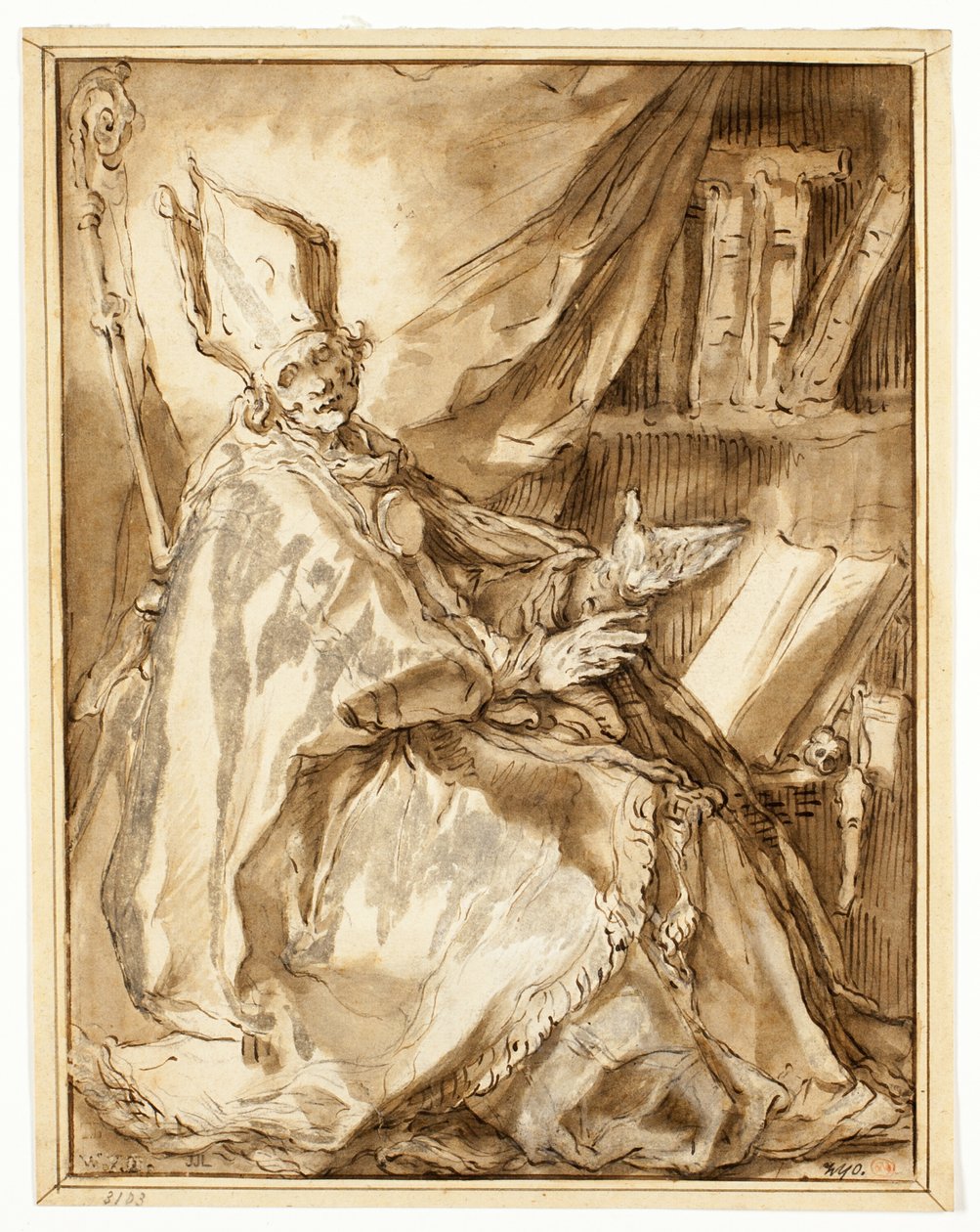 Biskop satt i sitt studium, sett fra sin høyre side av Abraham Bloemaert