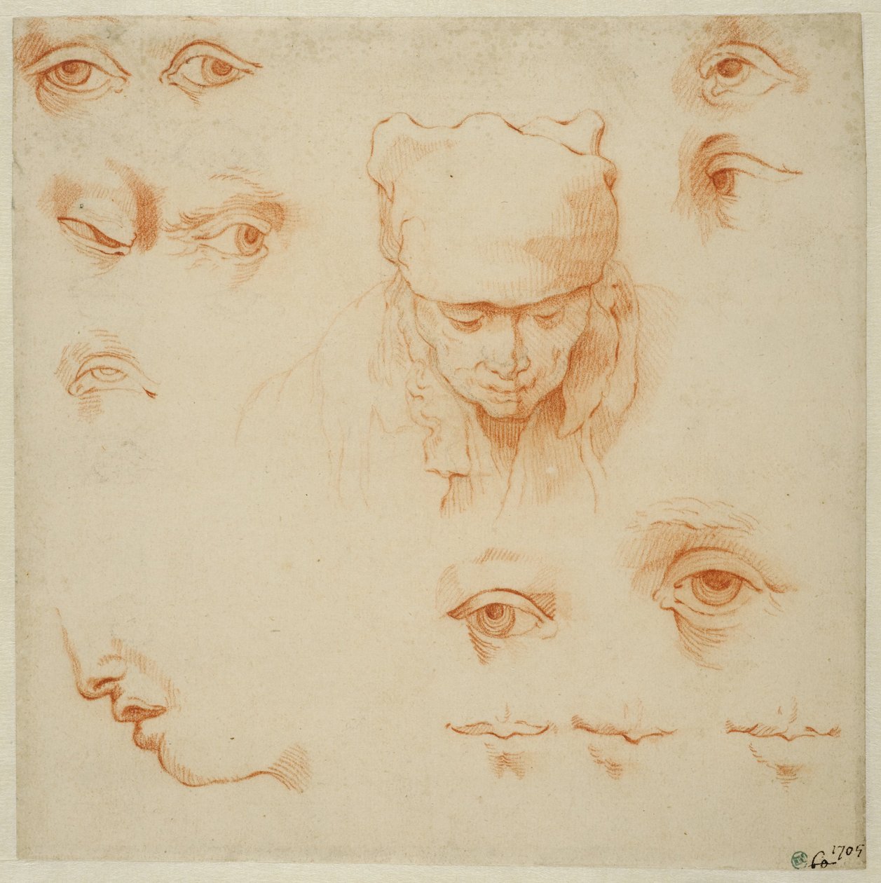 Hodet til en gammel kvinne og studier av øyne og munner av Abraham Bloemaert