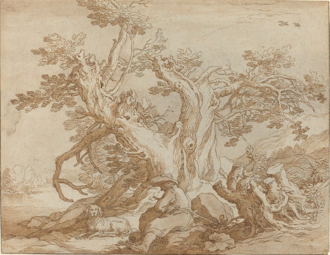 Landskap med sittende figur og hund av Abraham Bloemaert