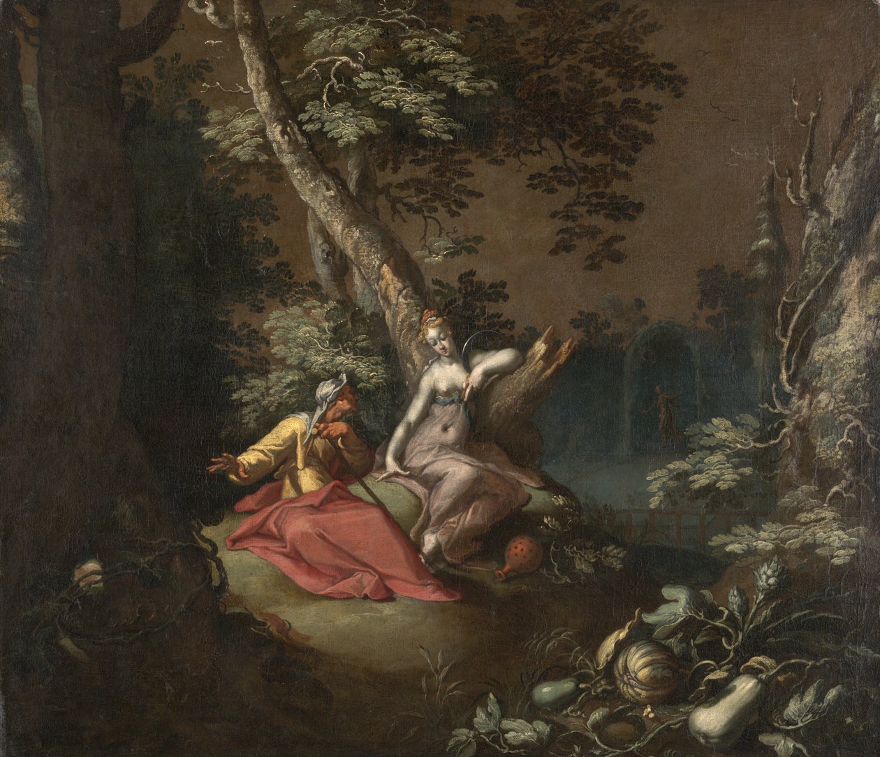 Landskap med Vertumnus og Pomona, ca. 1595-1600 (olje på lerret montert om bord) av Abraham Bloemaert