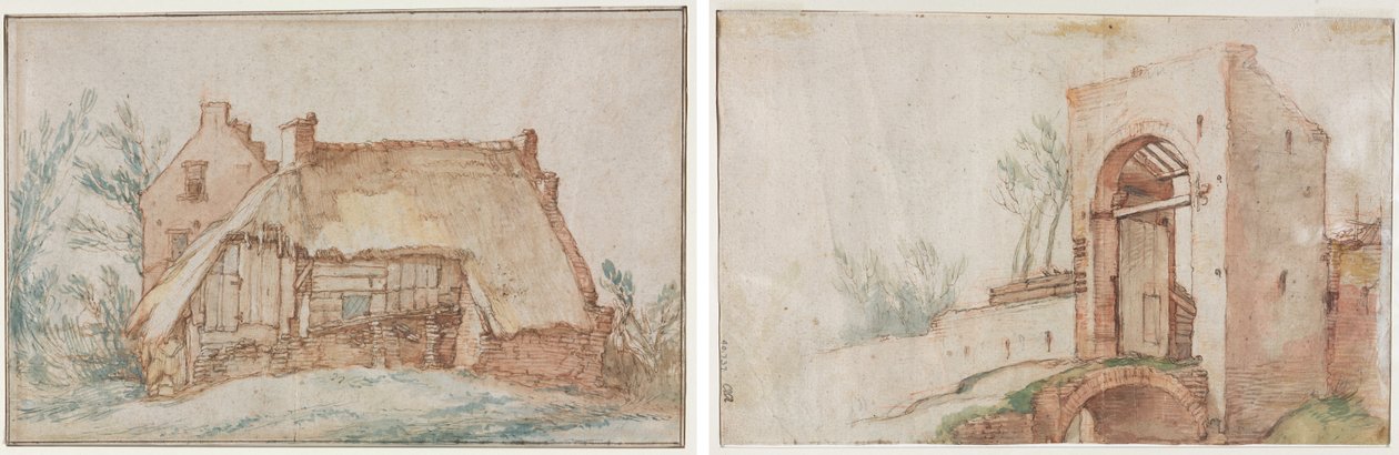 Bondehytte (rekto); Bro og port (verso) av Abraham Bloemaert