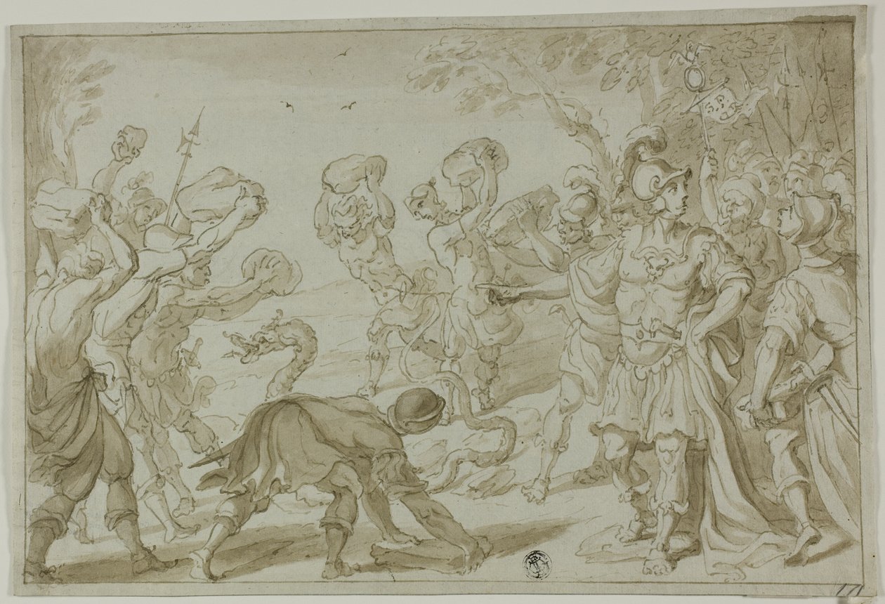 Romerske soldater steiner en slange av Abraham Bloemaert
