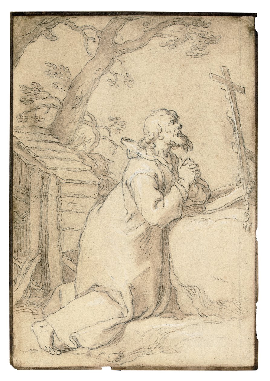 Saint Paul av Phermae kneler i bønn foran et krusifiks (svart kritt, penn og brunt blekk, brun vask) av Abraham Bloemaert