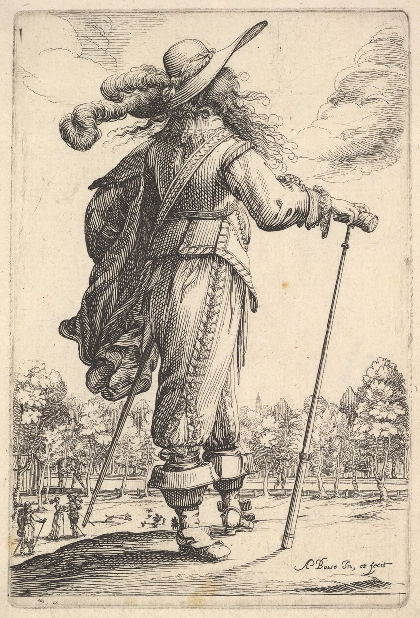 En gentleman, sett bakfra, gående mot høyre med en stokk og iført en plymer ..., 1629. av Abraham Bosse