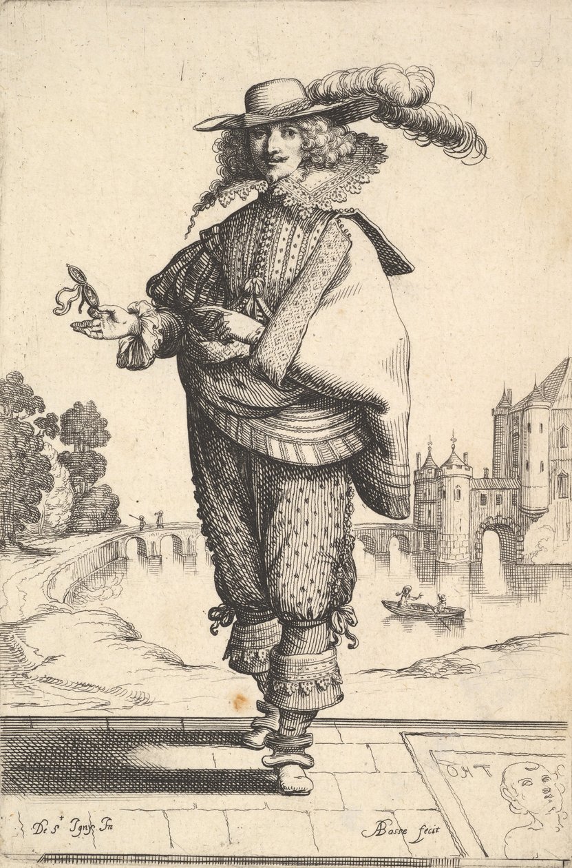 En herre som står foran et stort slott og har på seg en lue med plymer og en blondekrage..., 1629. av Abraham Bosse