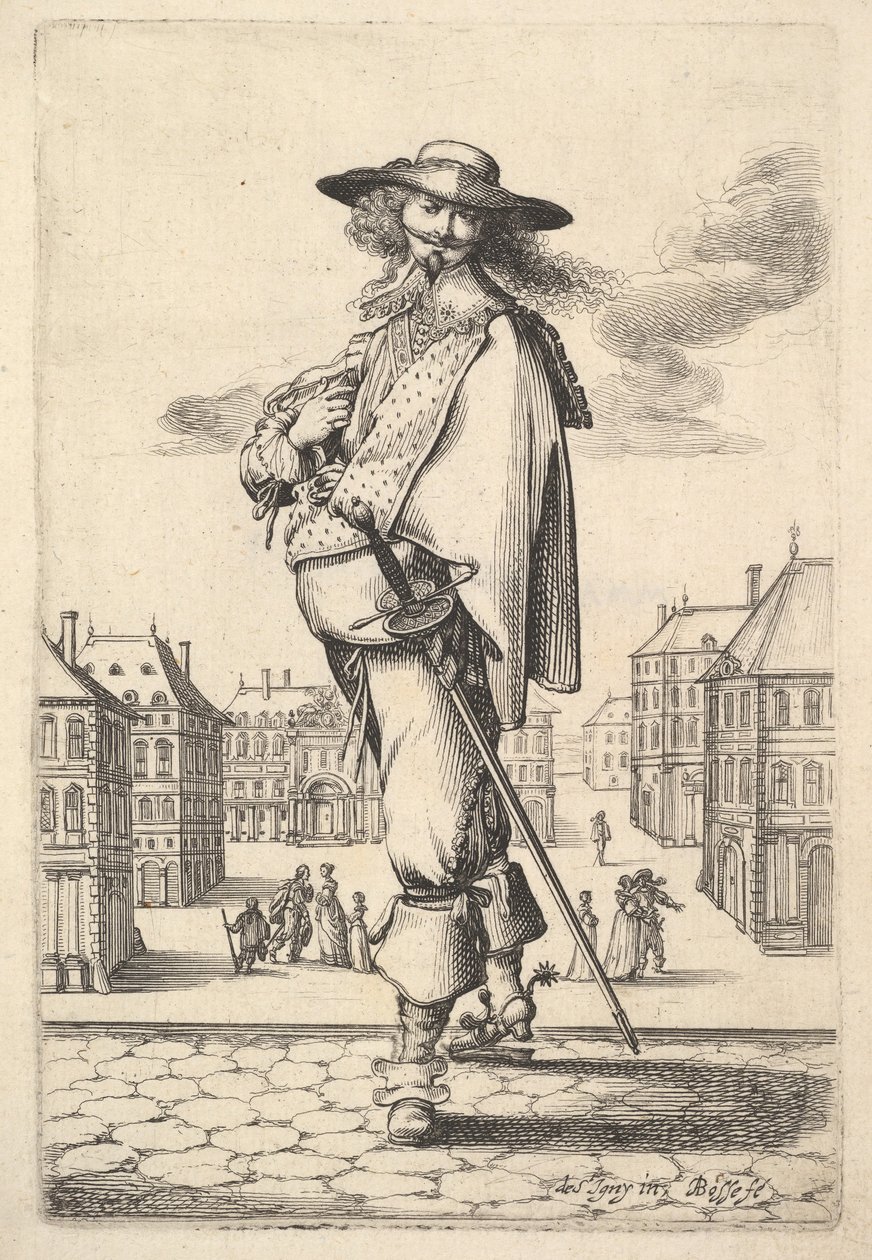 En gentleman, vendte tre fjerdedeler til venstre, iført hatt og støvler med sporer, carryi..., 1629. av Abraham Bosse