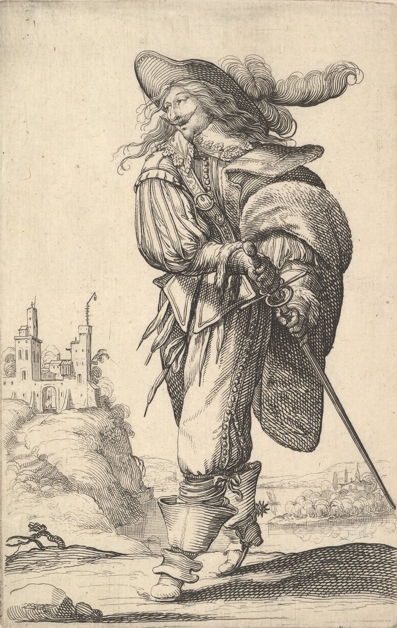 En gentleman som gikk mot venstre og trekker sverdet fra sliren, iført en plu..., 1629. av Abraham Bosse