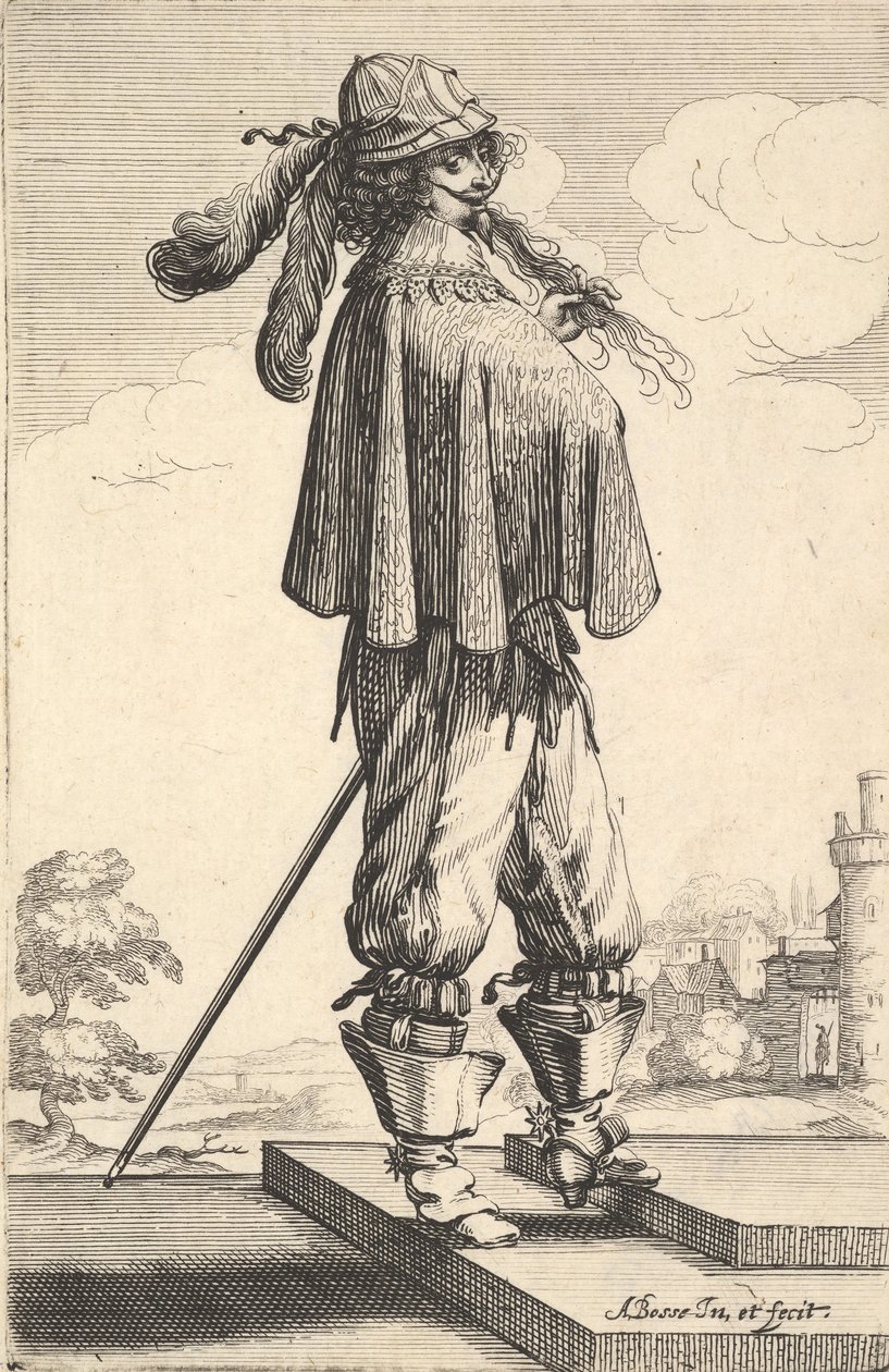 En gentleman iført en kort frakk, hjelm og støvler med sporer, stående på trappen og..., 1629. av Abraham Bosse