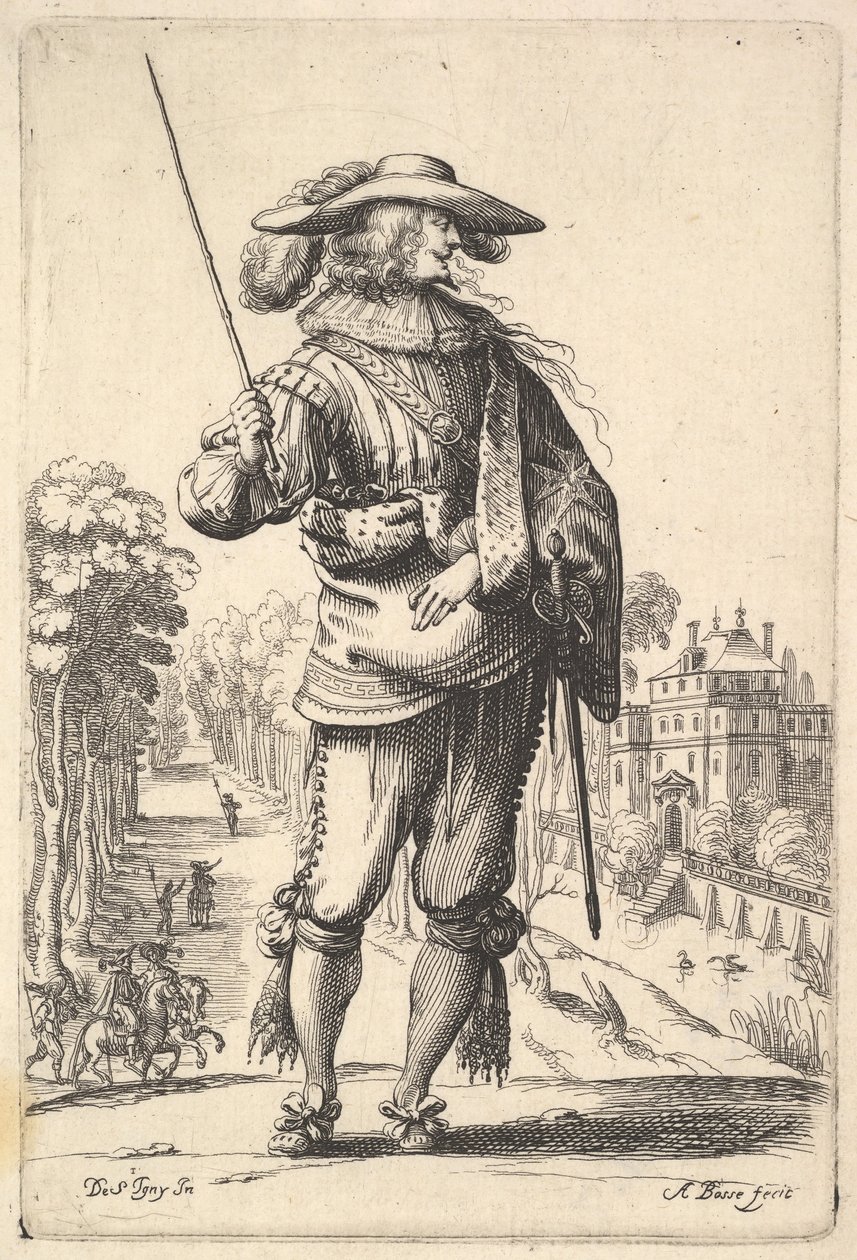 En herre med hodet vendt mot høyre i profil, iført en plymerhatt og en ..., 1629. av Abraham Bosse