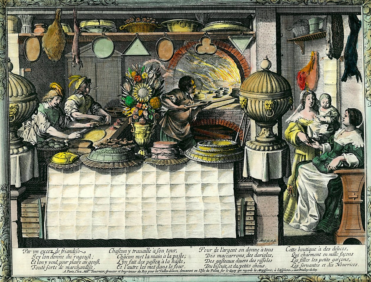 Et konditori på 1600-tallet: bakbutikken der bakere og konditorer lager og lager kaker og brød, og kunder i butikken. Kakeform henger på veggen. Gravering av Abraham Bosse (1602-1676) av Abraham Bosse