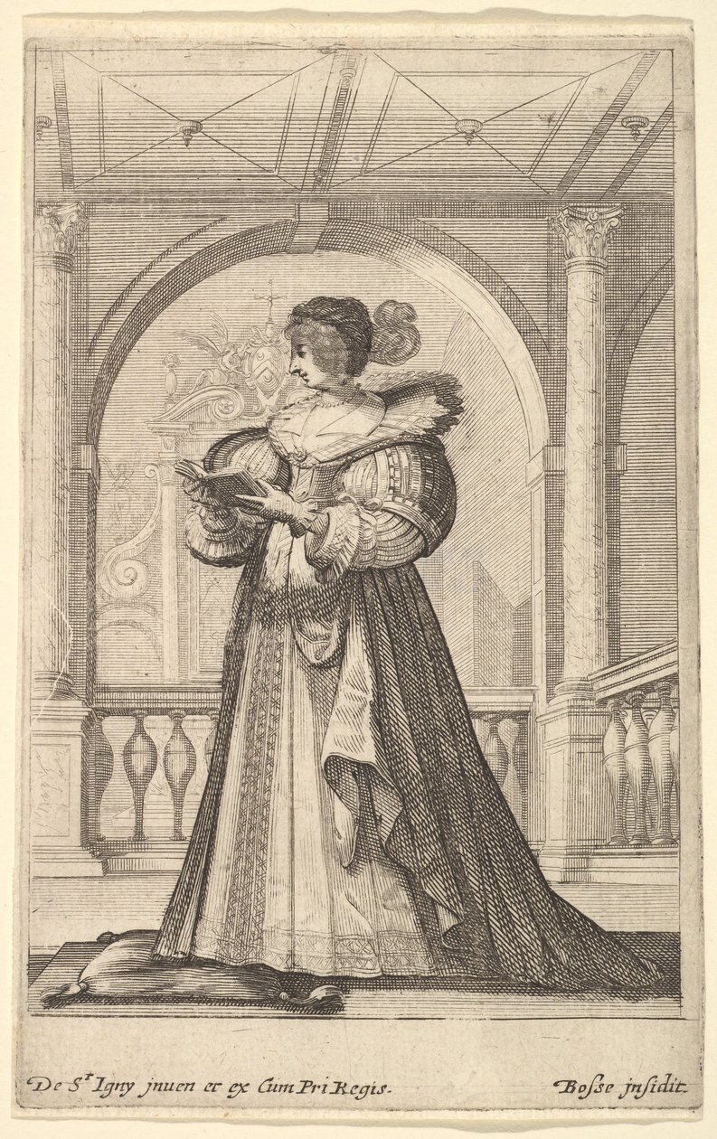 En kvinne som står, vendt mot venstre i profil, iført hatt og blondekrage, leser..., ca. 1629. av Abraham Bosse